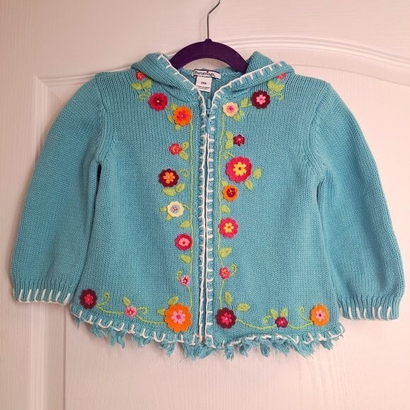 Hartstrings Blue Knit Zip Front Sweater Cardigan Embroidered Flowers - Picture 1 of 5